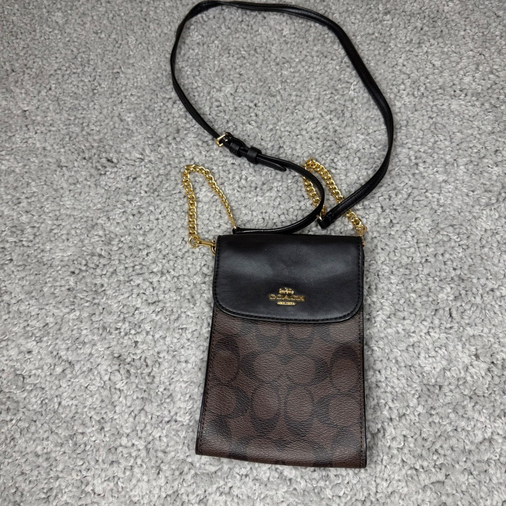 Coach North South Phone Crossbody Bag Signature Canvas Black Brown Gold C6884 - Picture 1 of 3